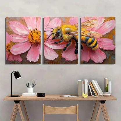 3pcs Vibrant Honeybee and Pink Flower Impasto Metal Print Ready to Hang Art - Bella Home Decor