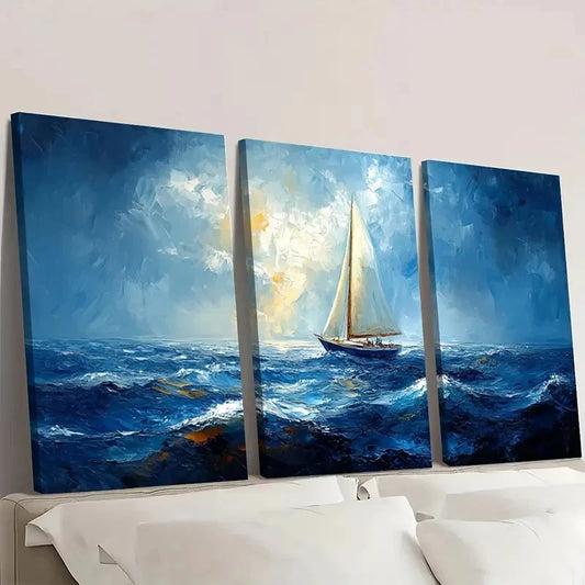3pcs Sailboat & Ocean Scenery Prints OF Wall Art Set Canvas Framed 50x70cm - High Quality Print 100% Australian Made Wall Canvas Ready to Hang