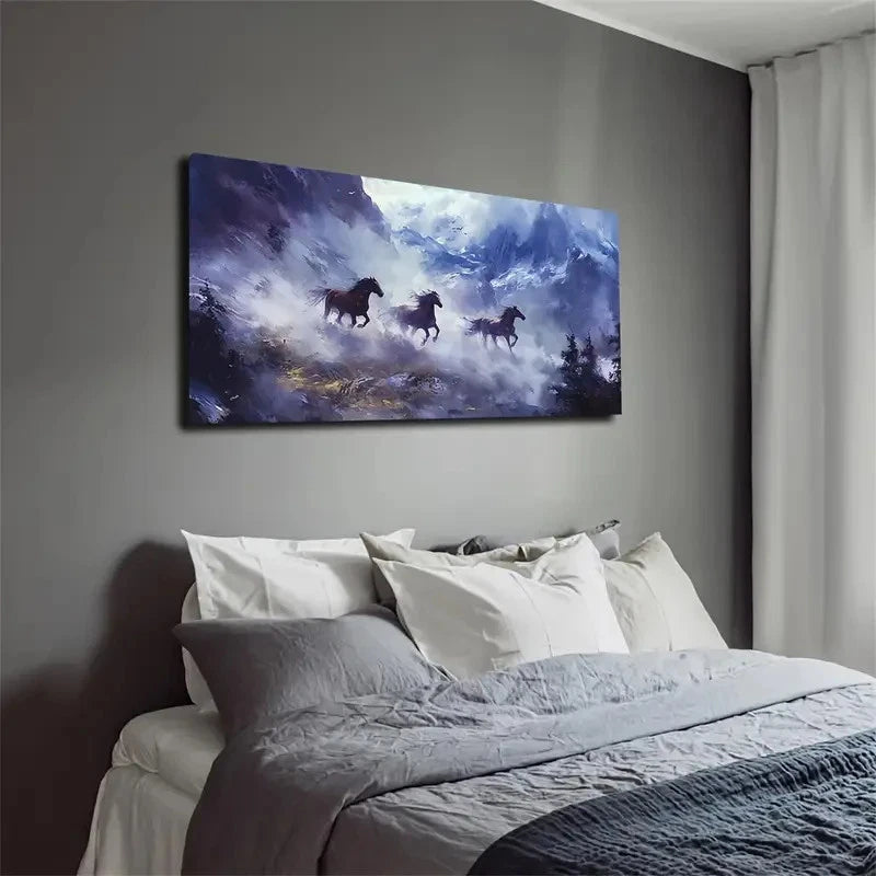 Three Horses Galloping Wall Art canvas office home room framed 120x60cm