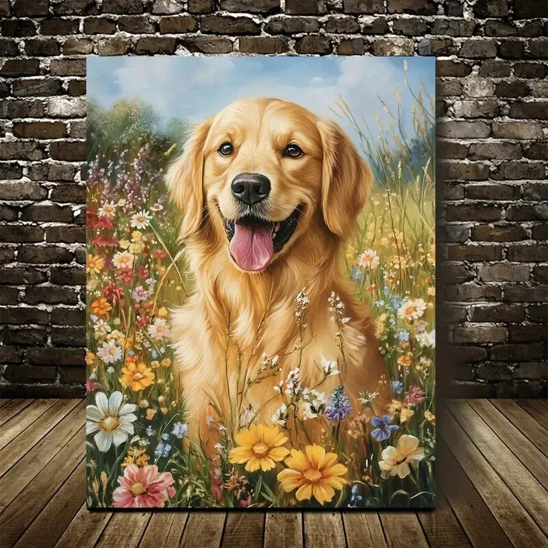 Golden Retriever Dog with Vibrant Flowers Painting 40x60cm Metal Print Ready to Hang - Bella Home Decor