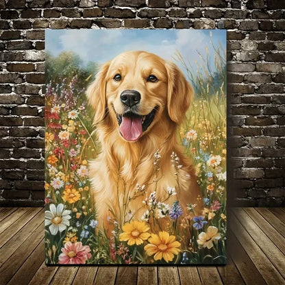Golden Retriever Dog with Vibrant Flowers Painting 40x60cm Metal Print Ready to Hang - Bella Home Decor