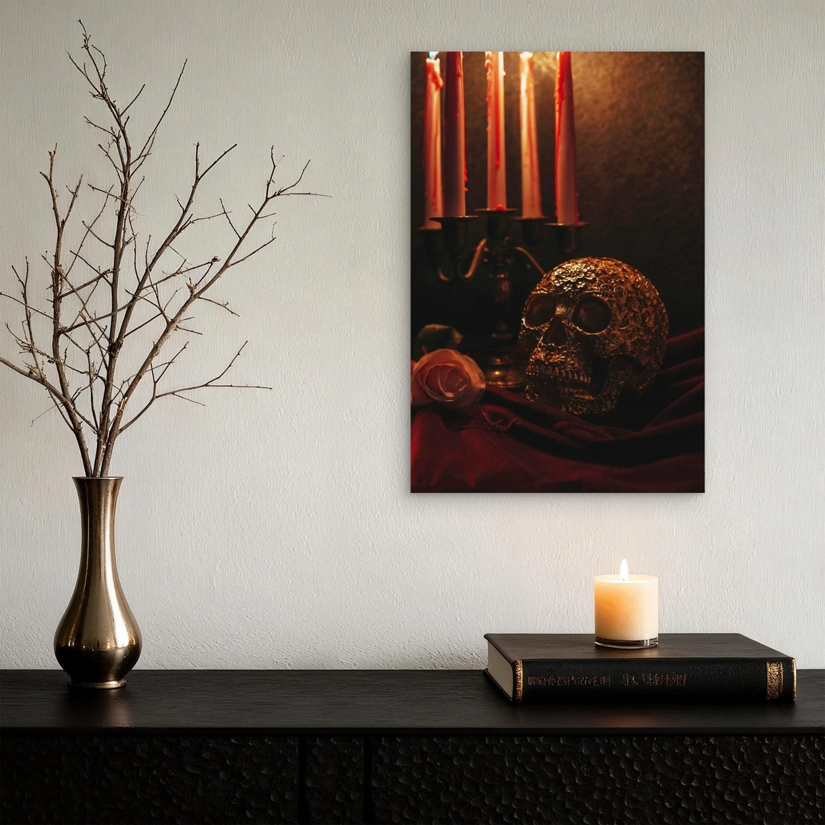 Gothic Skull With Rose And Candles 40x60cm Metal Print Ready to Hang