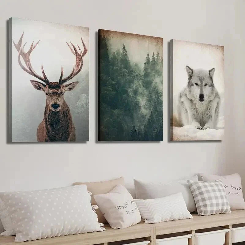3pcs Vintage Forest and Animals Deer and Wolf Wall Art Set Canvas Framed 60x90cm - High Quality Print 100% Australian Made Wall Canvas Ready to Hang