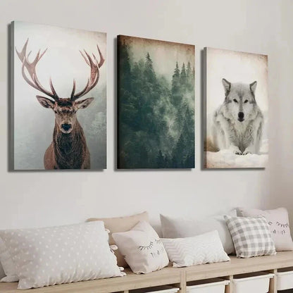 3pcs Vintage Forest and Animals Deer and Wolf Wall Art Set Canvas Framed 60x90cm - High Quality Print 100% Australian Made Wall Canvas Ready to Hang