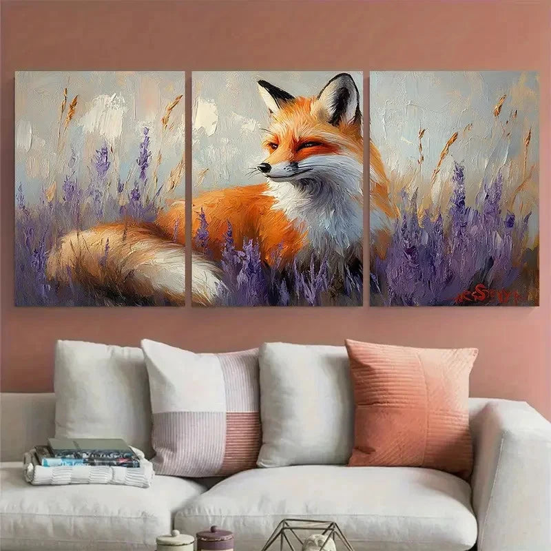 3pcs Fox in Lupine Floral field Illustration Metal Print Ready to Hang Art - Bella Home Decor