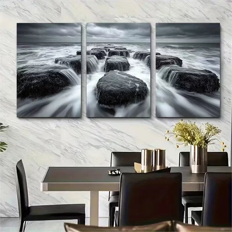 3pcs Dramatic Black and White Coastal Seascape Metal Print Ready to Hang Art - Bella Home Decor