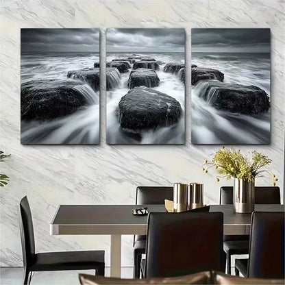 3pcs Dramatic Black and White Coastal Seascape Metal Print Ready to Hang Art - Bella Home Decor
