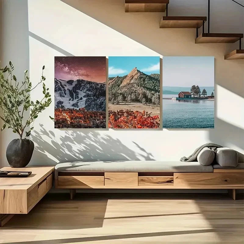 3pcs Vibrant Mountain & Lake Scenery Metal Print Ready to Hang Art