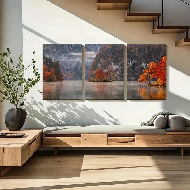 3pcs Autumn Forest Lake & Trees Nature  Wall Art Set Canvas Framed 40x60cm - High Quality Print 100% Australian Made Wall Canvas Ready to Hang - Bella Home Decor