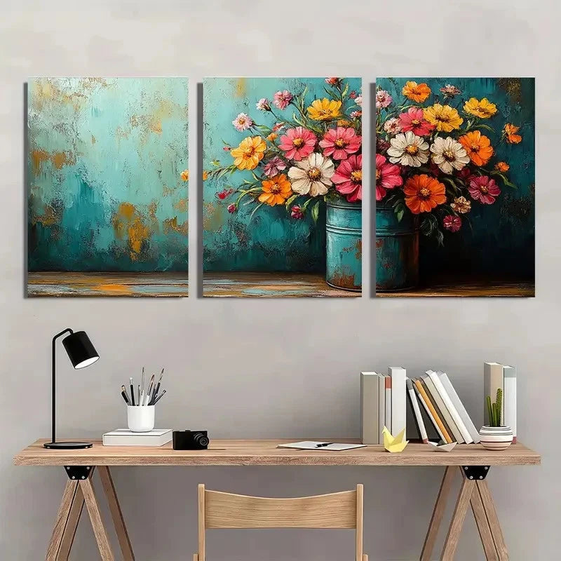 3pcs Vibrant Bouquet Vintage Flowers Wall Art Set Canvas Framed 40x60cm - High Quality Print 100% Australian Made Wall Canvas Ready to Hang