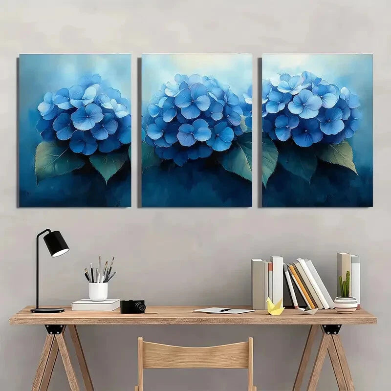 3pcs Elegant Blue Hydrangea Floral Watercolor Metal Print Ready to Hang Art - Bella Home Decor