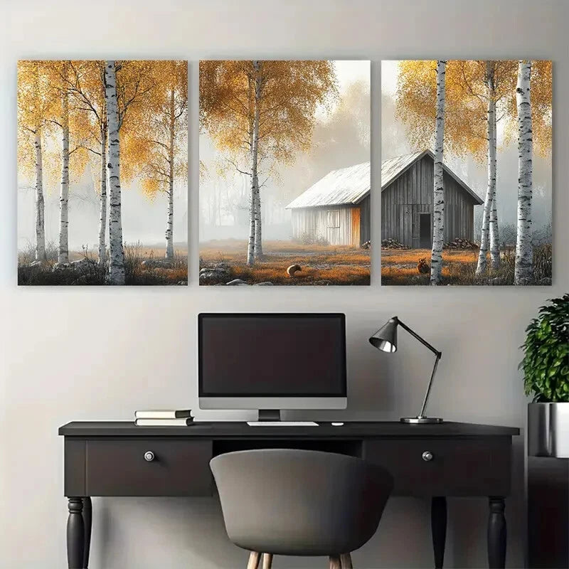 3pcs Minimalist Autumn Morning Scene with Birch Metal Print Ready to Hang Art
