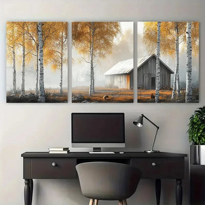 3pcs Minimalist Autumn Morning Scene with Birch Metal Print Ready to Hang Art