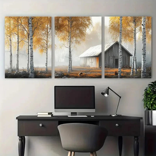 3pcs Minimalist Autumn Morning Scene with Birch Metal Print Ready to Hang Art