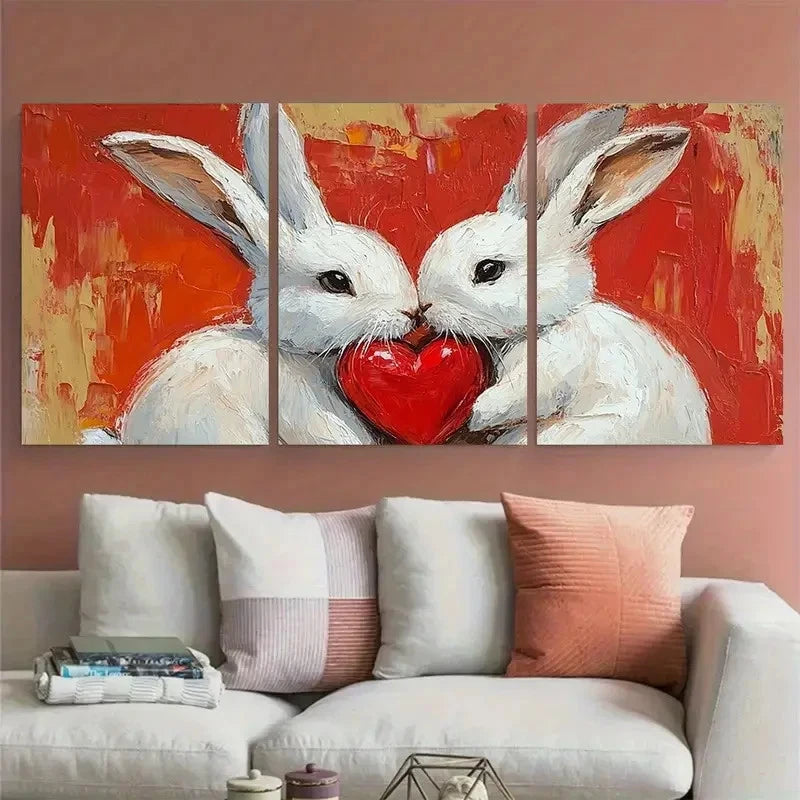 3pcs White Bunny with Heart Pet Portrait Wall Art Set Canvas Framed 40x60cm - High Quality Print 100% Australian Made Wall Canvas Ready to Hang - Bella Home Decor