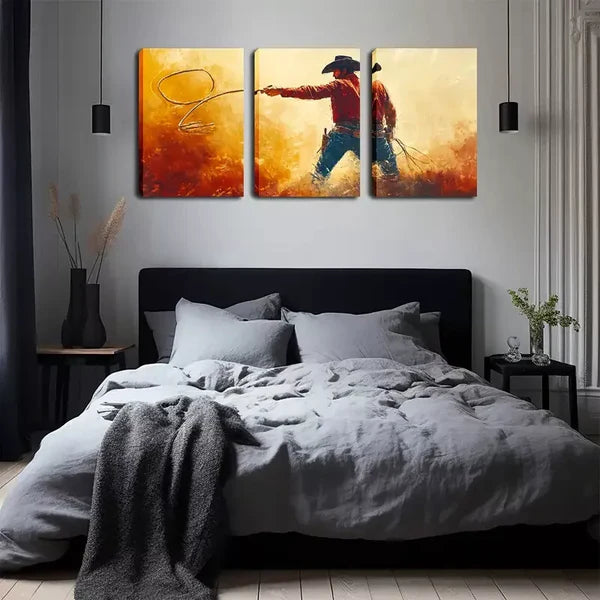 3pcs Western Cowboy with Rope Wall Art Set Canvas Framed 60x90cm - High Quality Print 100% Australian Made Wall Canvas Ready to Hang - Bella Home Decor