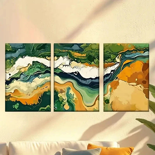 3pcs a painting of a green and orange abstract Wall Art Set Canvas Framed 60x90cm - High Quality Print 100% Australian Made Wall Canvas Ready to Hang