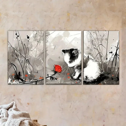 3pcs Whimsical Cat with Red Flower Wall Art Set Canvas Framed 60x90cm - High Quality Print 100% Australian Made Wall Canvas Ready to Hang - Bella Home Decor