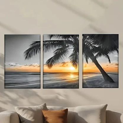 3pcs Serene Beach Sunset with Palm Tree Wall Art Canvas Unframed - High Quality Print 100% Australian Made Wall Canvas