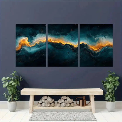 3pcs Dark Green & Golden Swirls Abstract Metal Print Ready to Hang Art - Bella Home Decor