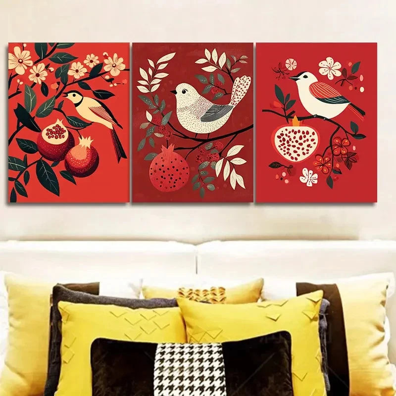 3pcs Pomegranates and Birds Theme Art Deco Wall Art Set Canvas Framed 40x60cm - High Quality Print 100% Australian Made Wall Canvas Ready to Hang