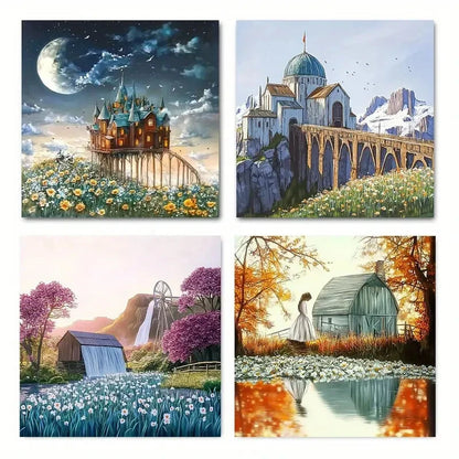 4pcs Rustic Turquoise Barn & ScenicWall Art Canvas Framed