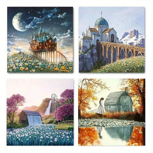 4pcs Rustic Turquoise Barn & ScenicWall Art Canvas Framed