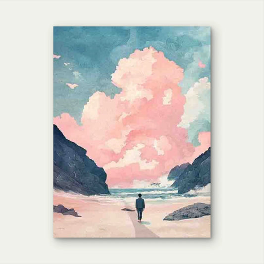 Sky with Pink Clouds, Rocky Beach & Surfer 40x60cm Metal Print Ready to Hang
