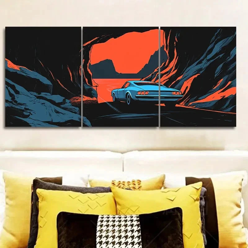 3pcs A Blue Car Drives Through a Canyon  Wall Art Set Canvas Framed 60x90cm - High Quality Print 100% Australian Made Wall Canvas Ready to Hang - Bella Home Decor
