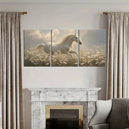 3pcs White Horse Running Through Daisy Field Metal Print Ready to Hang Art - Bella Home Decor