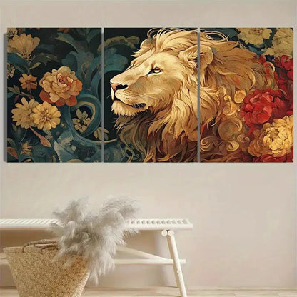 3pcs Vibrant Floral and Golden Lion Wall Art Set Canvas Framed 50x70cm - High Quality Print 100% Australian Made Wall Canvas Ready to Hang