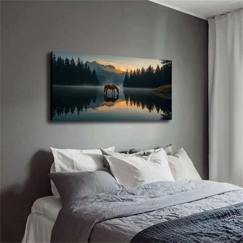 A Horse In A Peaceful Lake Wall Art Canvas Office Home Room Framed 120x60cm - Bella Home Decor