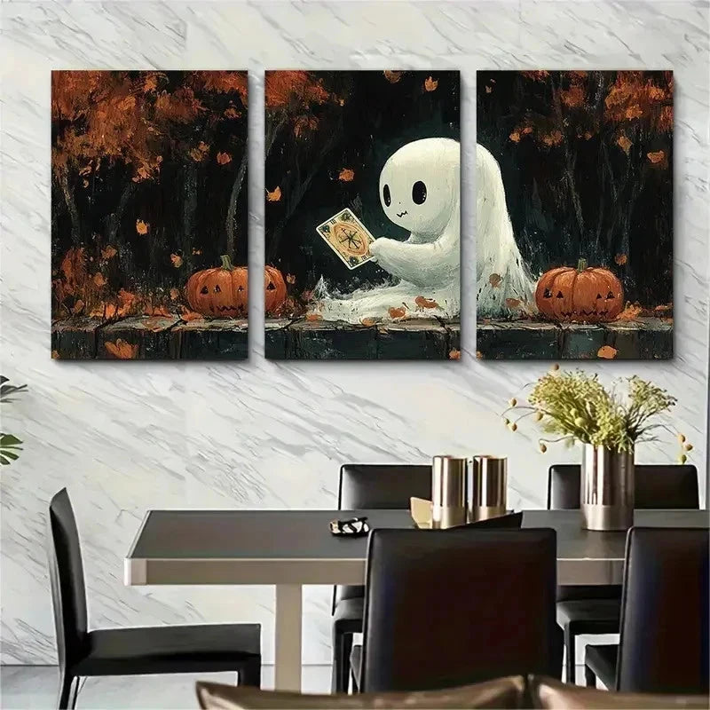 3pcs Cute Reading Tarot Card Ghosts Perfect Wall Art Set Canvas Framed 50x70cm - High Quality Print 100% Australian Made Wall Canvas Ready to Hang - Bella Home Decor