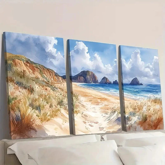 3pcs Beach Scene Cliffs & Sandy Shoreline SC Wall Art Set Canvas Framed 60x90cm - High Quality Print 100% Australian Made Wall Canvas Ready to Hang