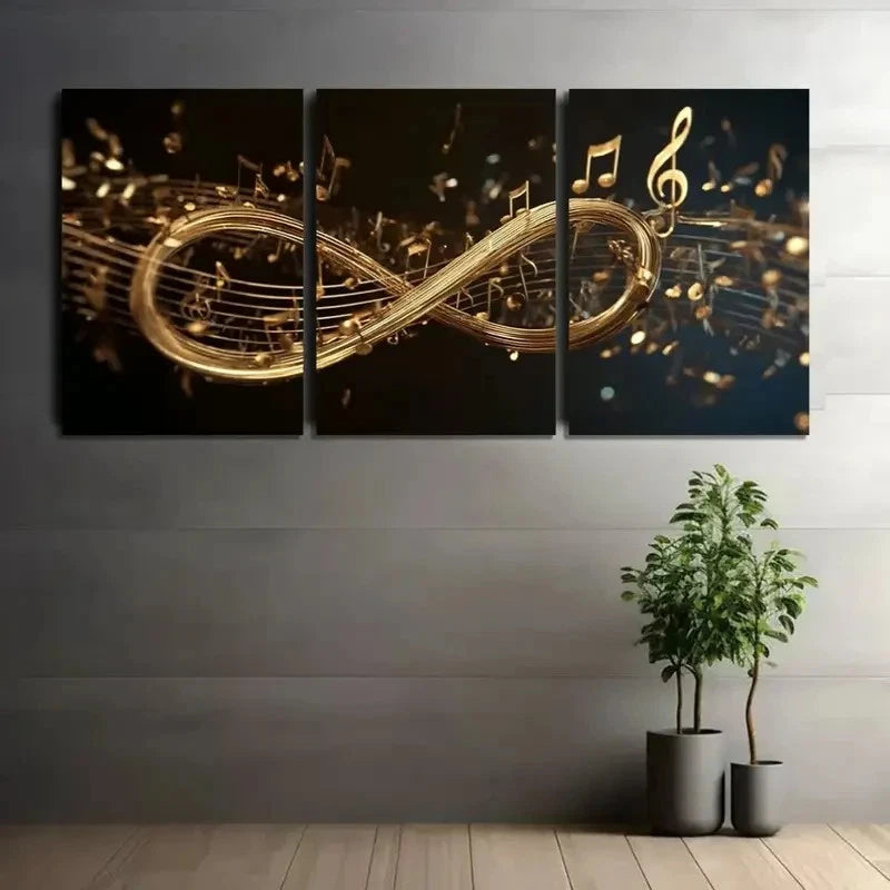 3pcs Golden Musical Notes Flowing Around Infinity Metal Print Ready to Hang Art - Bella Home Decor