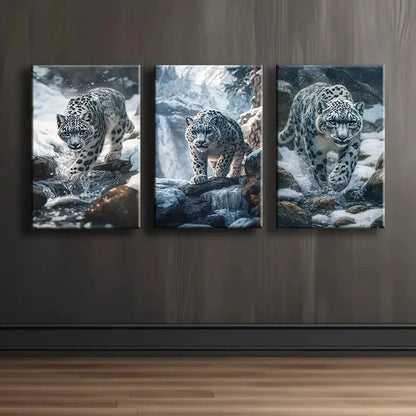 3pcs Snow Leopard Animal Print Wall Art Set Canvas Framed 50x70cm - High Quality Print 100% Australian Made Wall Canvas Ready to Hang