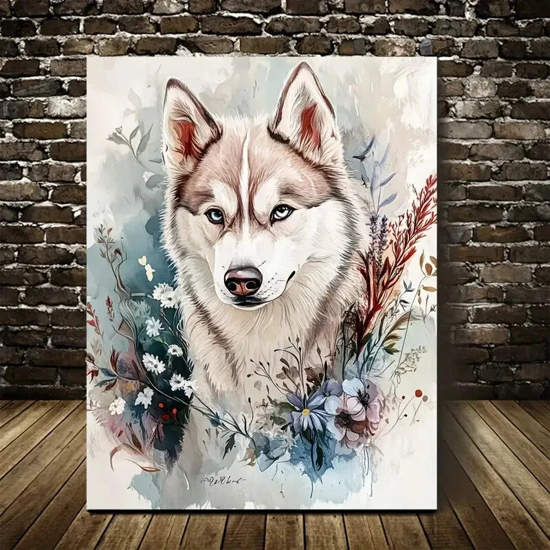 Flowers And Plants Cute Siberian Husky Dog Painting 40x60cm Metal Print Ready to Hang