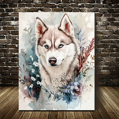 Flowers And Plants Cute Siberian Husky Dog Painting 40x60cm Metal Print Ready to Hang