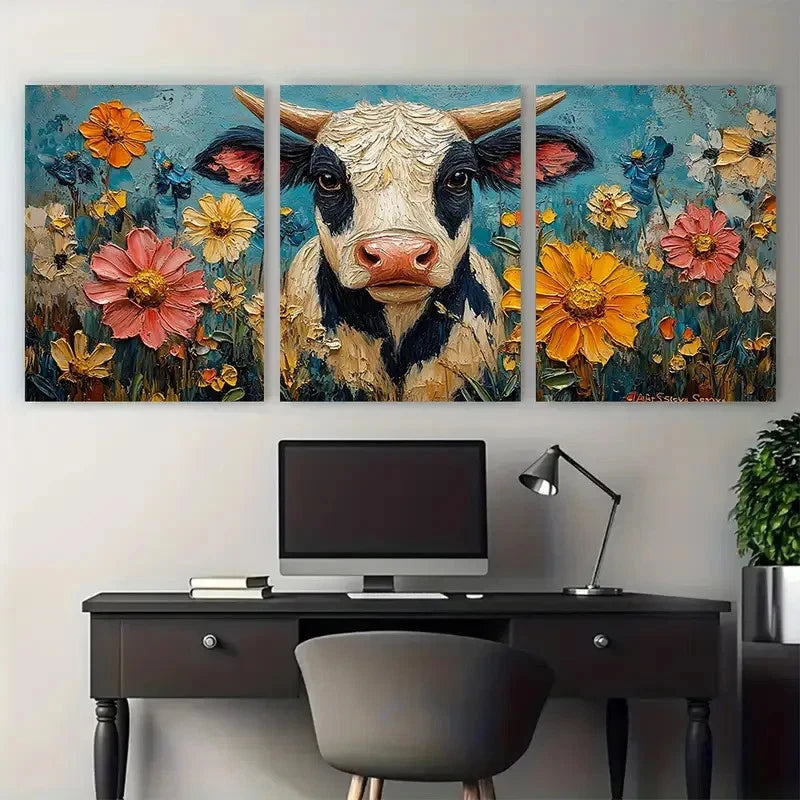 3pcs Cow Farm Animals with Florals Illustration Wall Art Set Canvas Framed 40x60cm - High Quality Print 100% Australian Made Wall Canvas Ready to Hang - Bella Home Decor
