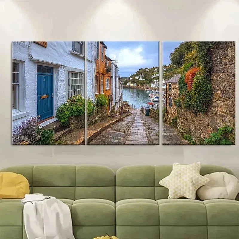 3pcs Polperro Harbour ER  Wall Art Set Canvas Framed 50x70cm - High Quality Print 100% Australian Made Wall Canvas Ready to Hang