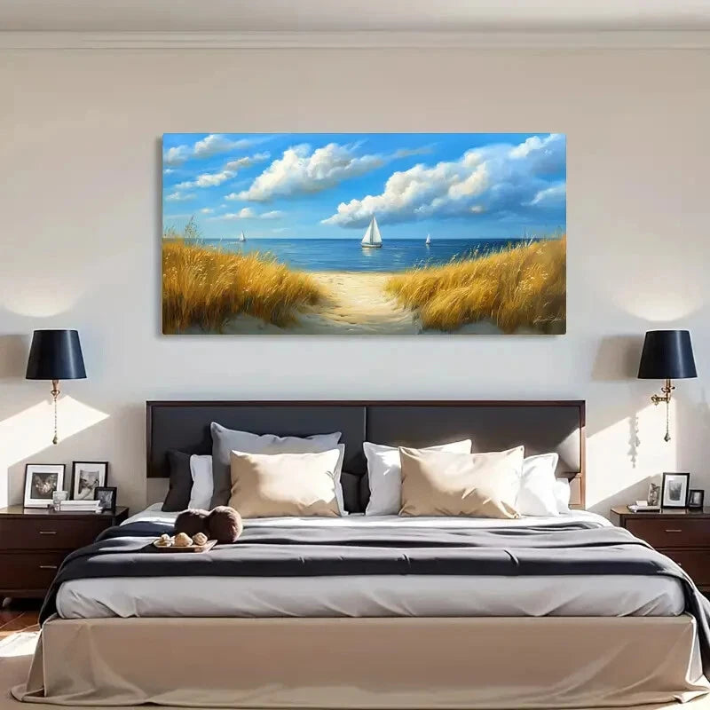 Sailboats & Beach Landscape Wall Art Canvas Office Home Room Framed 120x60cm - Bella Home Decor