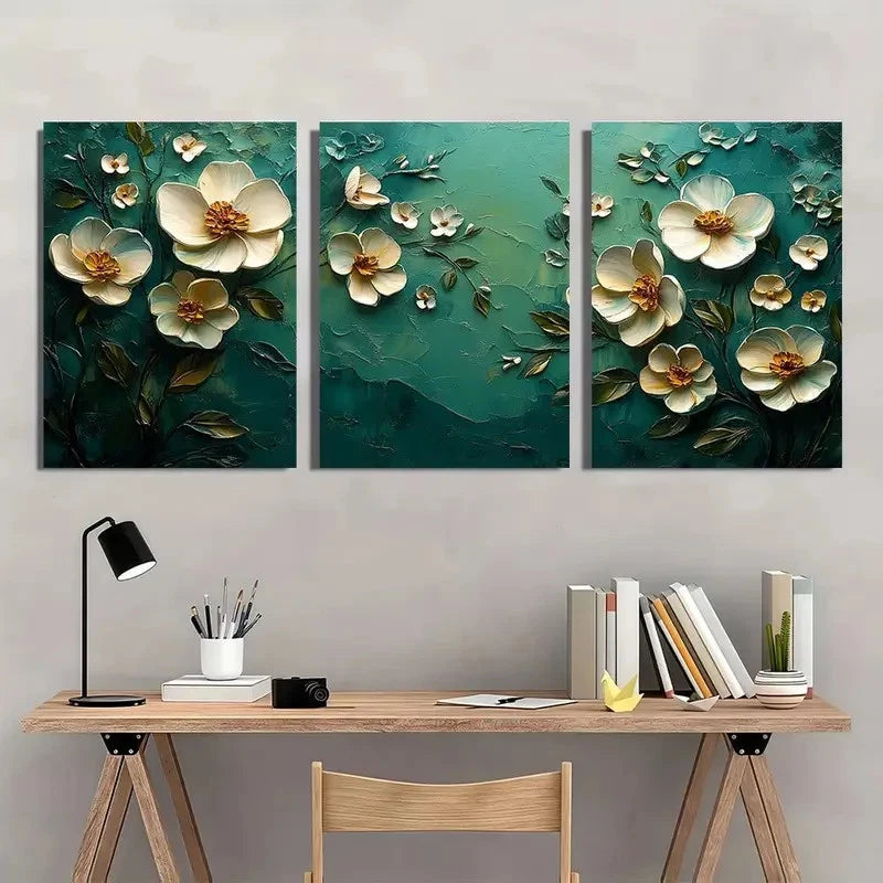3pcs Abstract Floral Textured Art Green White Wall Art Set Canvas Framed 60x90cm - High Quality Print 100% Australian Made Wall Canvas Ready to Hang - Bella Home Decor