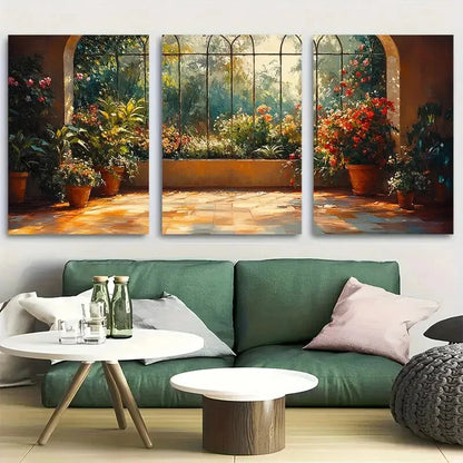 3pcs Sunlit Greenhouse with Lush Potted Plants Metal Print Ready to Hang Art