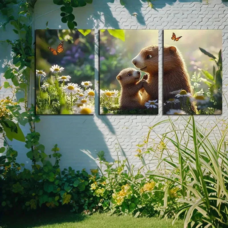 3pcs Vibrant Otter and Butterfly in Floral Garden Metal Print Ready to Hang Art - Bella Home Decor