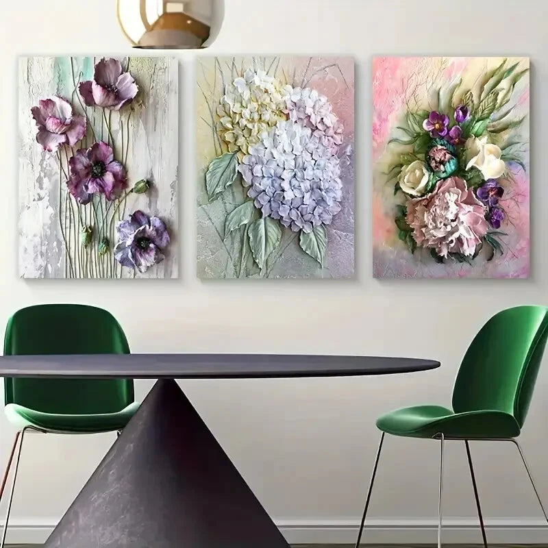 3pcs Modern Flowers Purple Green Leaves Metal Print Ready to Hang Art - Bella Home Decor