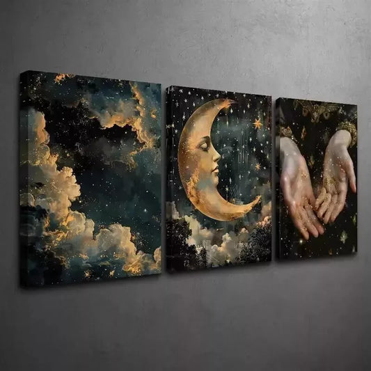 3pcs Melancholic Celestial & Abstract Night Sky Wall Art Set Canvas Framed 50x70cm - High Quality Print 100% Australian Made Wall Canvas Ready to Hang