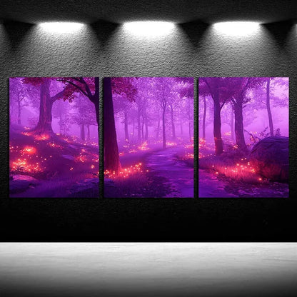 3pcs Fluorescent Forest Purple Illustration Metal Print Ready to Hang Art - Bella Home Decor
