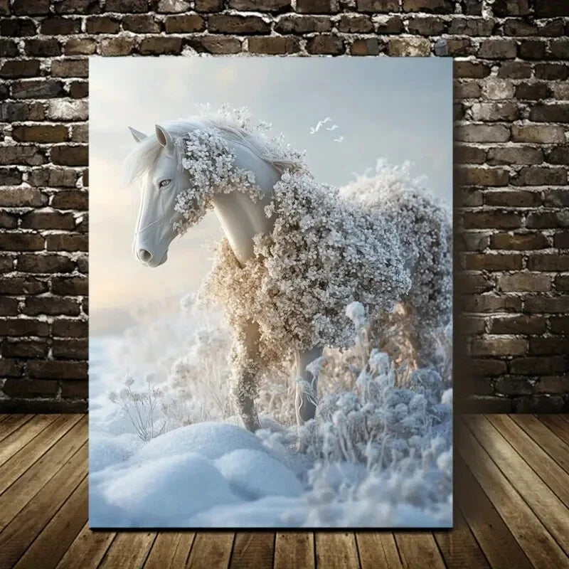 Contemporary Floral Horse Snow Scene Painting 40x60cm Metal Print Ready to Hang - Bella Home Decor