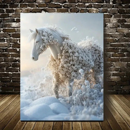 Contemporary Floral Horse Snow Scene Painting 40x60cm Metal Print Ready to Hang - Bella Home Decor