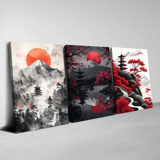 3pcs Japanese Scenery Prints with Mount Fuji Art Set Canvas Framed 50x70cm - High Quality Print 100% Australian Made Wall Canvas Ready to Hang